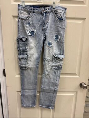 Foreign Local Light Blue Distressed Cargo Jeans for Men
